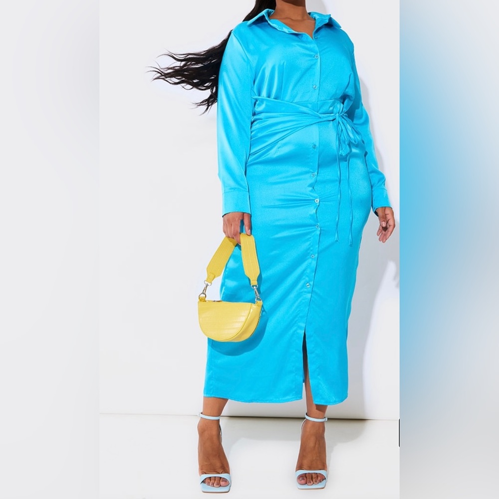 PrettyLittleThing Plus Blue Wrap Front Satin Maxi Shirt Dress